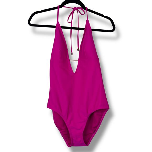 Ted Baker London NWT Fuchsia Low V Plunge Open Back One-Piece Halter Swimsuit - Picture 2 of 9